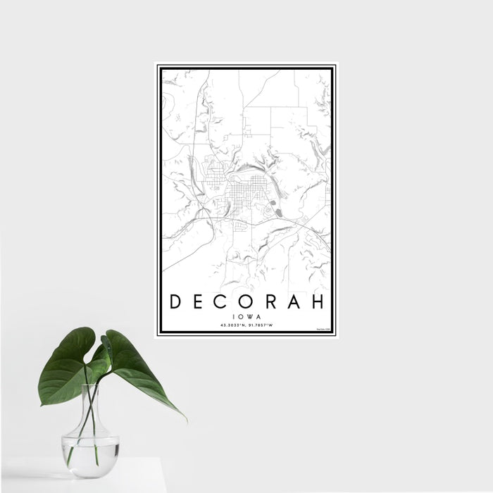 16x24 Decorah Iowa Map Print Portrait Orientation in Classic Style With Tropical Plant Leaves in Water