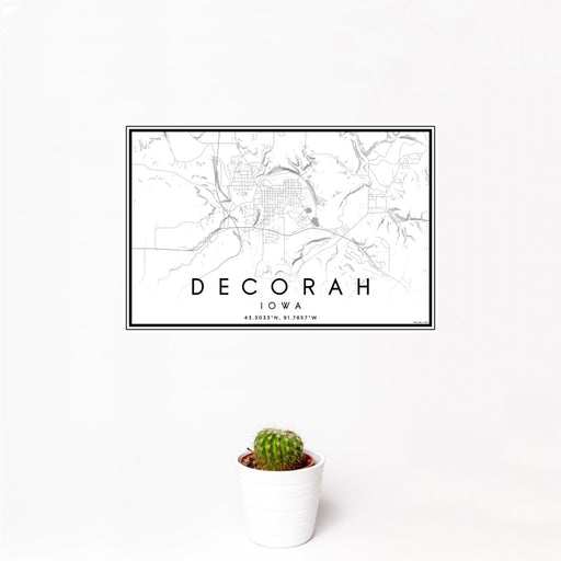12x18 Decorah Iowa Map Print Landscape Orientation in Classic Style With Small Cactus Plant in White Planter