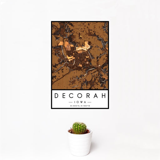 12x18 Decorah Iowa Map Print Portrait Orientation in Ember Style With Small Cactus Plant in White Planter