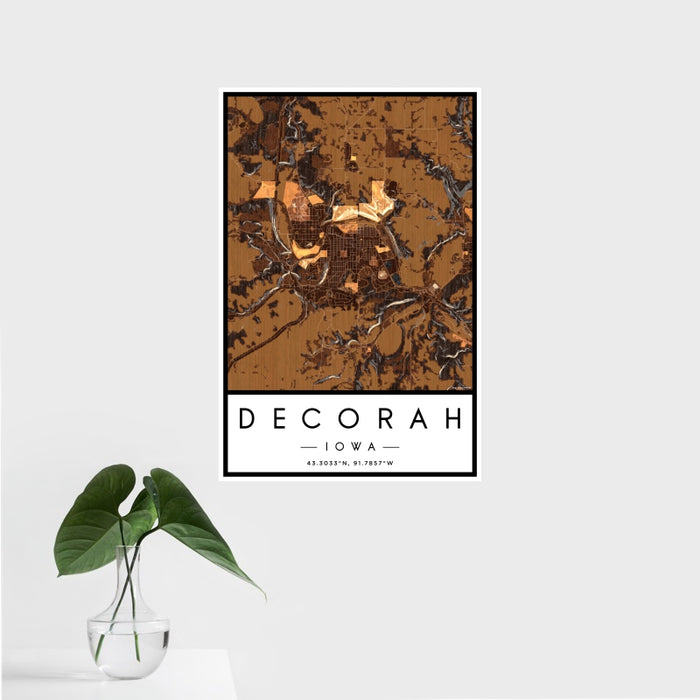 16x24 Decorah Iowa Map Print Portrait Orientation in Ember Style With Tropical Plant Leaves in Water