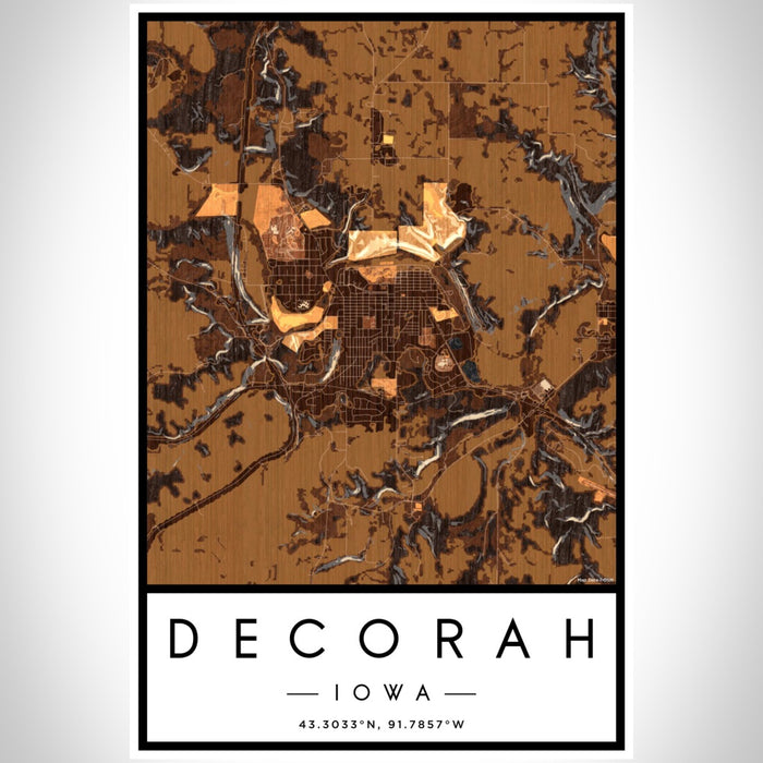 Decorah Iowa Map Print Portrait Orientation in Ember Style With Shaded Background