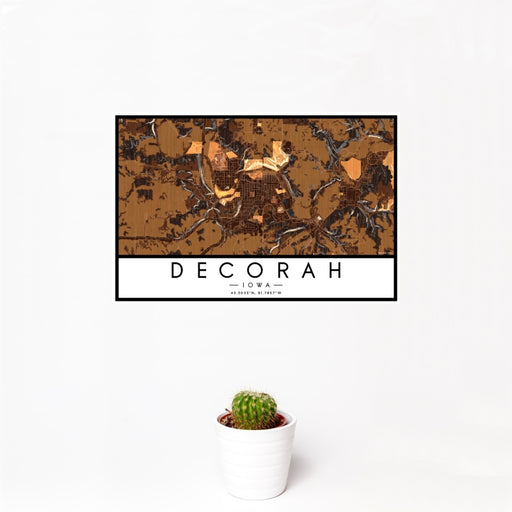 12x18 Decorah Iowa Map Print Landscape Orientation in Ember Style With Small Cactus Plant in White Planter