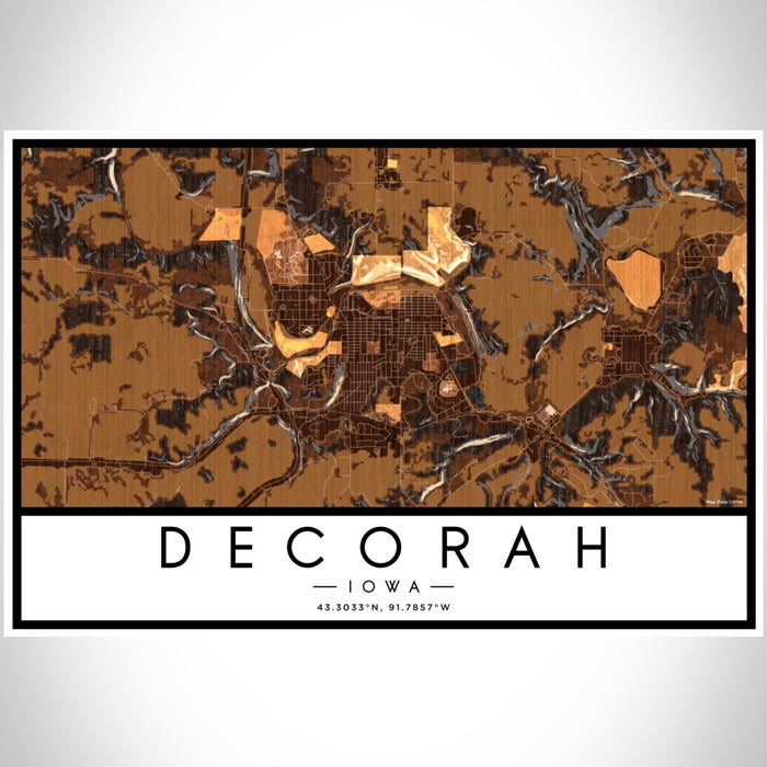 Decorah Iowa Map Print Landscape Orientation in Ember Style With Shaded Background