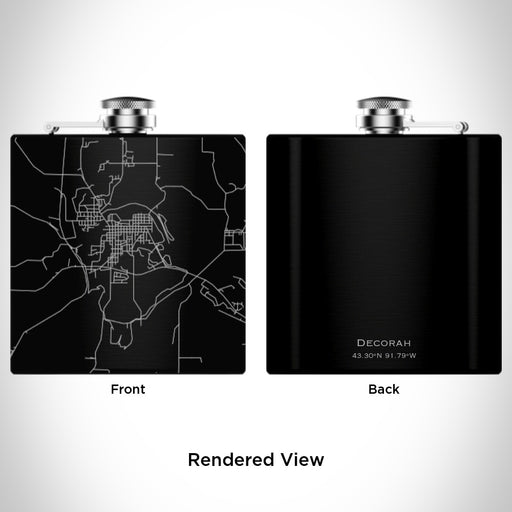 Rendered View of Decorah Iowa Map Engraving on 6oz Stainless Steel Flask in Black