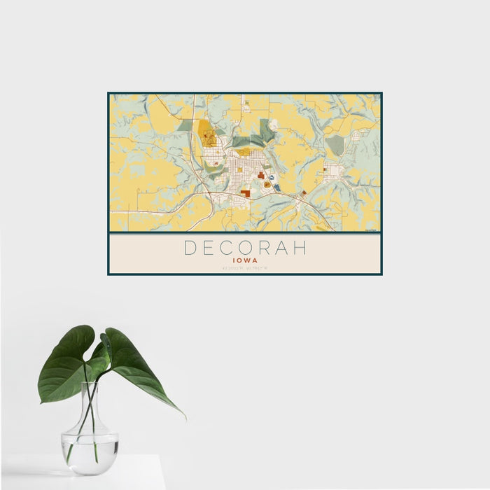 16x24 Decorah Iowa Map Print Landscape Orientation in Woodblock Style With Tropical Plant Leaves in Water