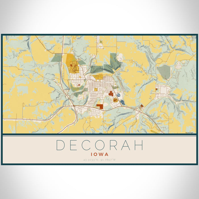 Decorah Iowa Map Print Landscape Orientation in Woodblock Style With Shaded Background