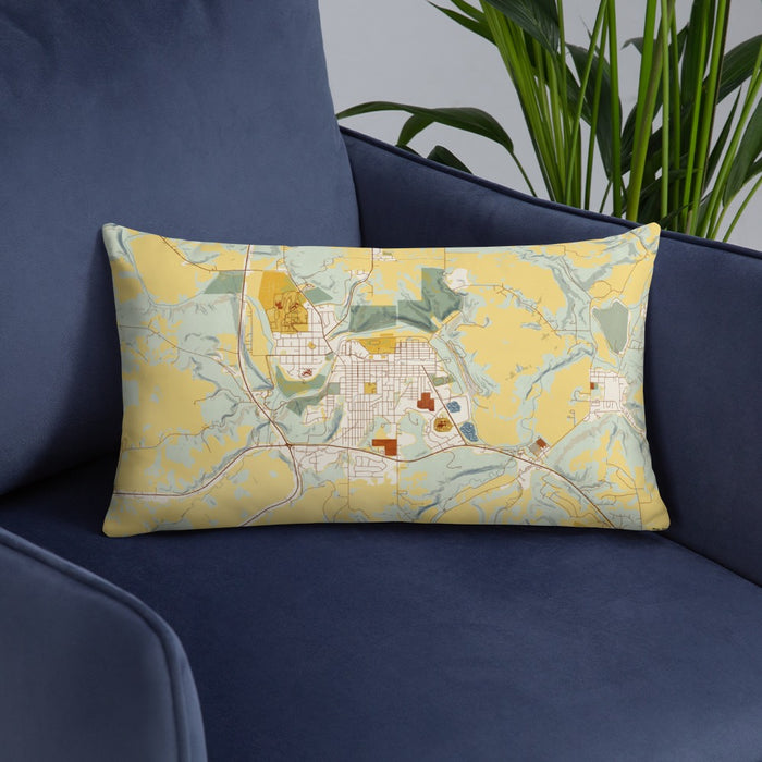 Custom Decorah Iowa Map Throw Pillow in Woodblock on Blue Colored Chair