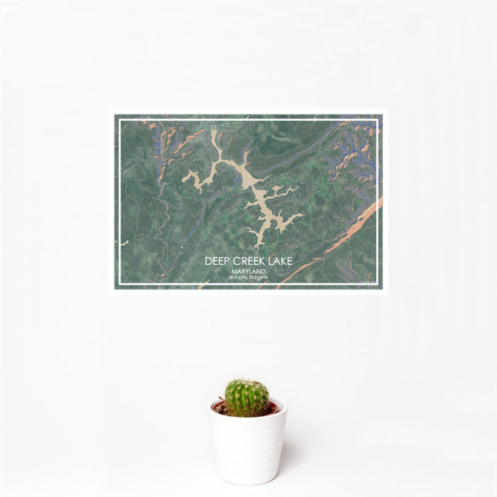 12x18 Deep Creek Lake Maryland Map Print Landscape Orientation in Afternoon Style With Small Cactus Plant in White Planter