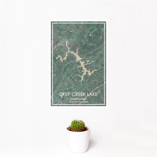 12x18 Deep Creek Lake Maryland Map Print Portrait Orientation in Afternoon Style With Small Cactus Plant in White Planter