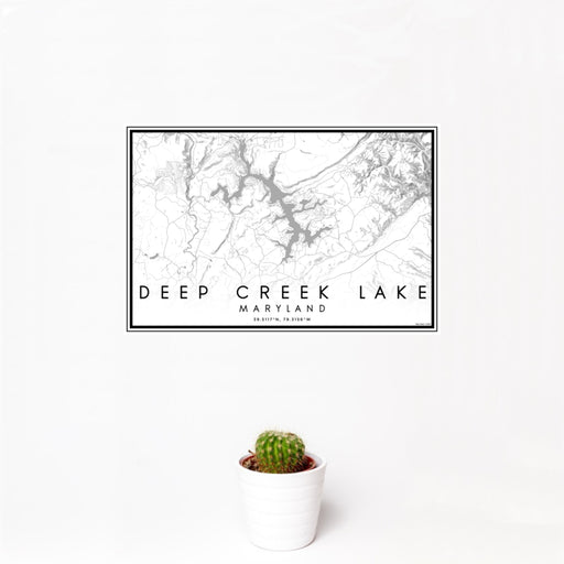 12x18 Deep Creek Lake Maryland Map Print Landscape Orientation in Classic Style With Small Cactus Plant in White Planter