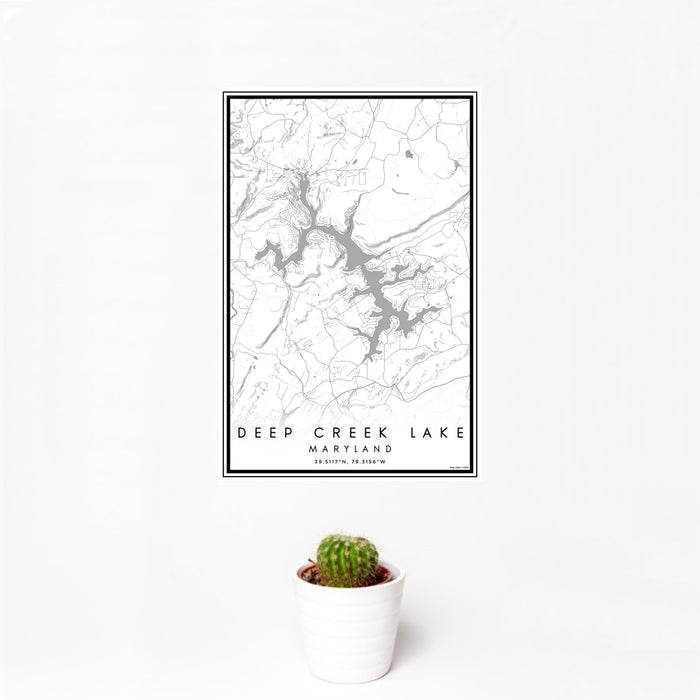 12x18 Deep Creek Lake Maryland Map Print Portrait Orientation in Classic Style With Small Cactus Plant in White Planter