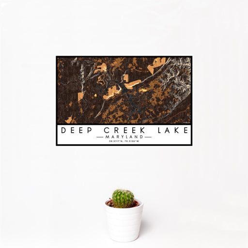 12x18 Deep Creek Lake Maryland Map Print Landscape Orientation in Ember Style With Small Cactus Plant in White Planter