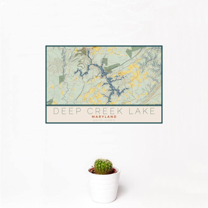 12x18 Deep Creek Lake Maryland Map Print Landscape Orientation in Woodblock Style With Small Cactus Plant in White Planter