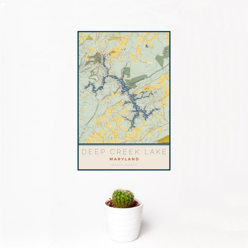 12x18 Deep Creek Lake Maryland Map Print Portrait Orientation in Woodblock Style With Small Cactus Plant in White Planter