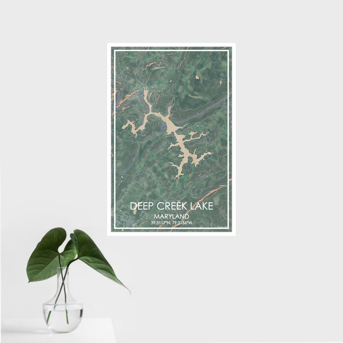 16x24 Deep Creek Lake Maryland Map Print Portrait Orientation in Afternoon Style With Tropical Plant Leaves in Water
