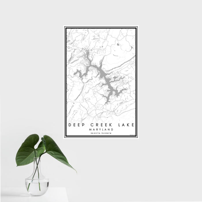 16x24 Deep Creek Lake Maryland Map Print Portrait Orientation in Classic Style With Tropical Plant Leaves in Water
