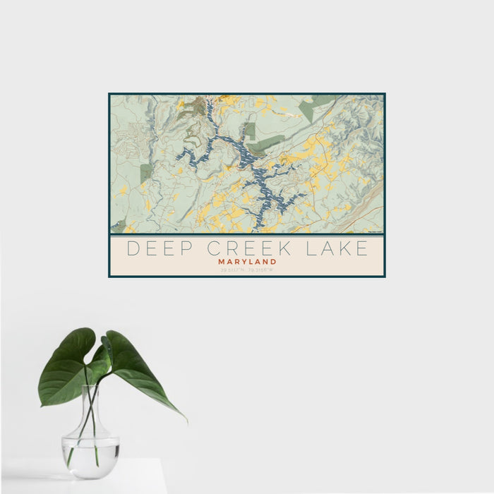 16x24 Deep Creek Lake Maryland Map Print Landscape Orientation in Woodblock Style With Tropical Plant Leaves in Water