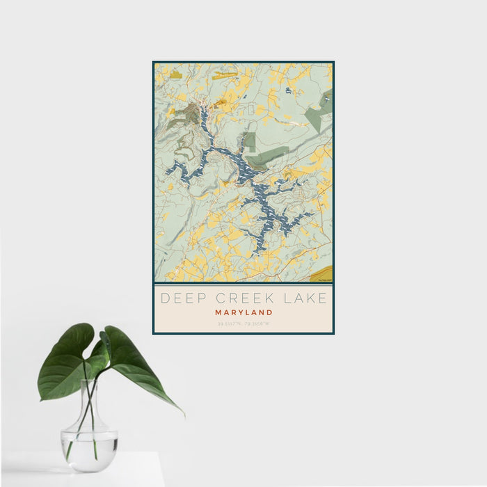 16x24 Deep Creek Lake Maryland Map Print Portrait Orientation in Woodblock Style With Tropical Plant Leaves in Water