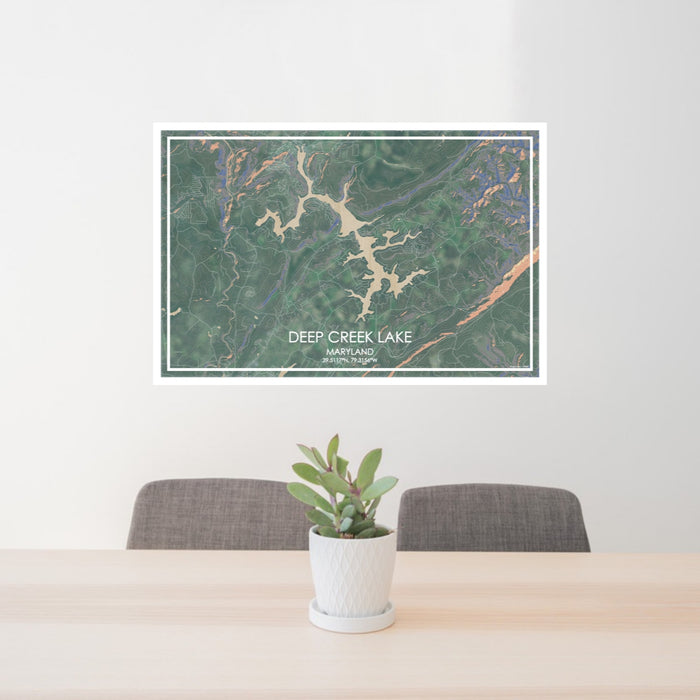 24x36 Deep Creek Lake Maryland Map Print Lanscape Orientation in Afternoon Style Behind 2 Chairs Table and Potted Plant