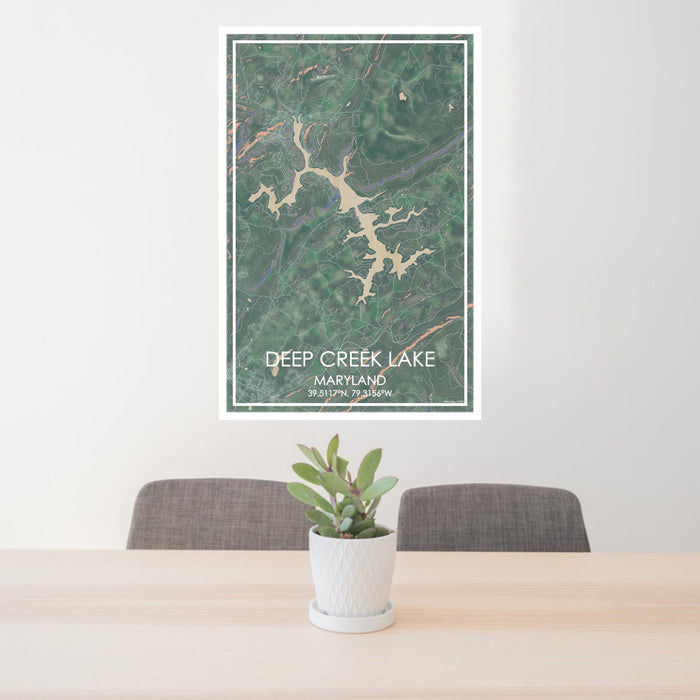 24x36 Deep Creek Lake Maryland Map Print Portrait Orientation in Afternoon Style Behind 2 Chairs Table and Potted Plant
