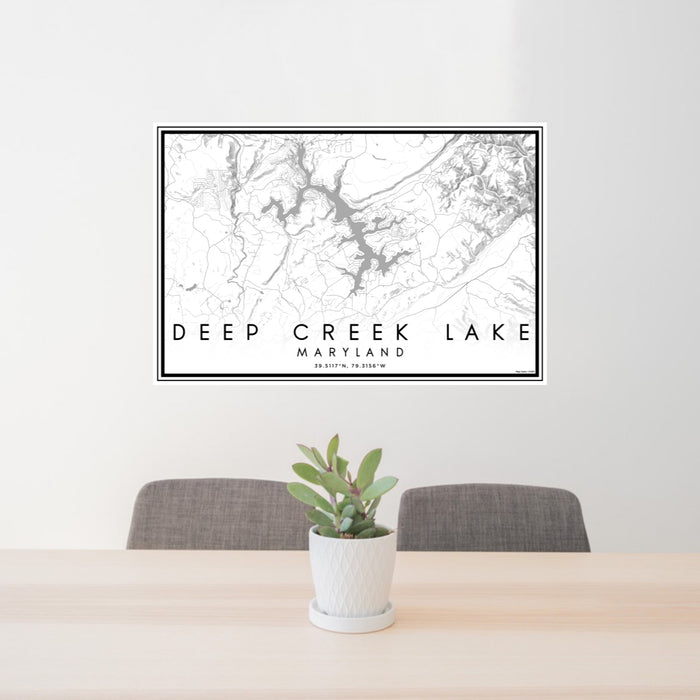 24x36 Deep Creek Lake Maryland Map Print Lanscape Orientation in Classic Style Behind 2 Chairs Table and Potted Plant