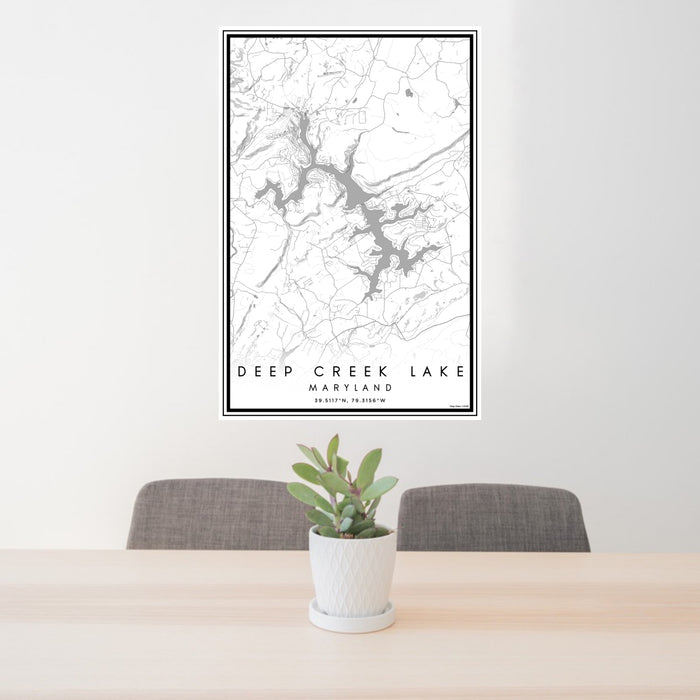 24x36 Deep Creek Lake Maryland Map Print Portrait Orientation in Classic Style Behind 2 Chairs Table and Potted Plant
