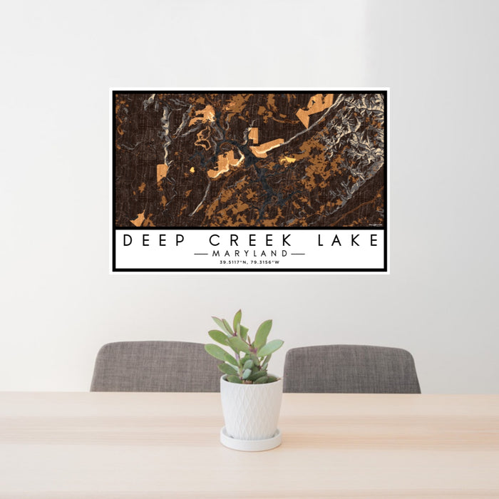 24x36 Deep Creek Lake Maryland Map Print Lanscape Orientation in Ember Style Behind 2 Chairs Table and Potted Plant