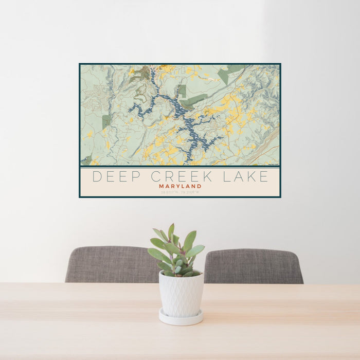 24x36 Deep Creek Lake Maryland Map Print Lanscape Orientation in Woodblock Style Behind 2 Chairs Table and Potted Plant
