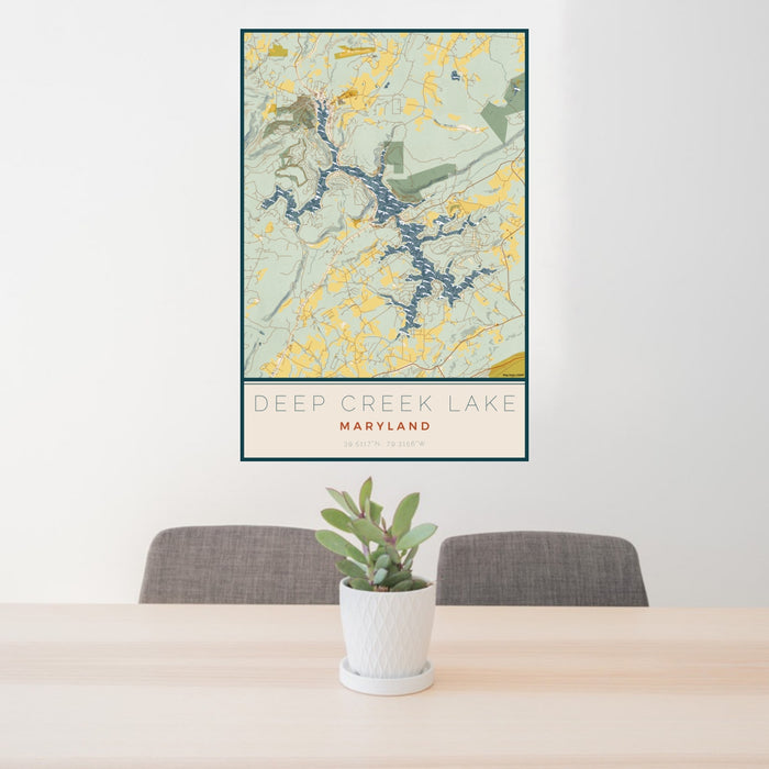 24x36 Deep Creek Lake Maryland Map Print Portrait Orientation in Woodblock Style Behind 2 Chairs Table and Potted Plant