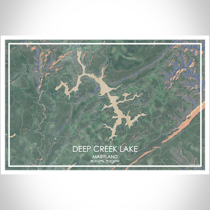 Deep Creek Lake Maryland Map Print Landscape Orientation in Afternoon Style With Shaded Background