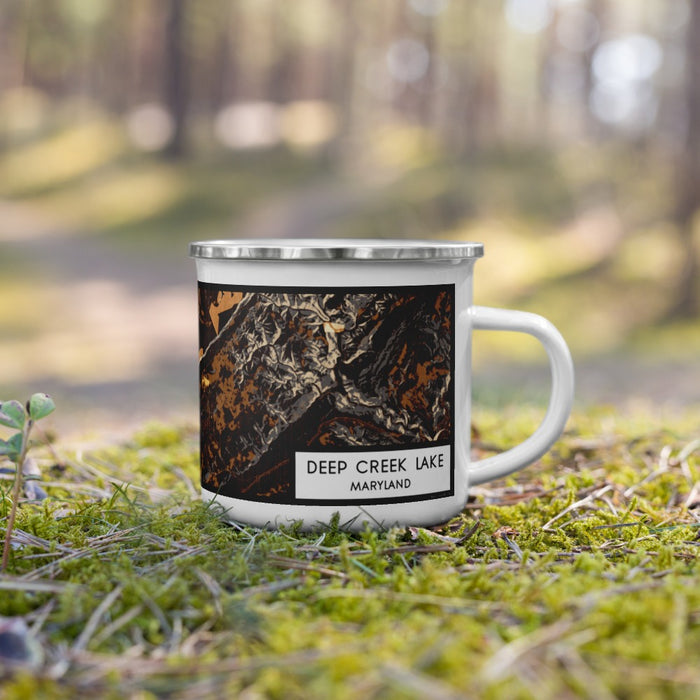 Right View Custom Deep Creek Lake Maryland Map Enamel Mug in Ember on Grass With Trees in Background