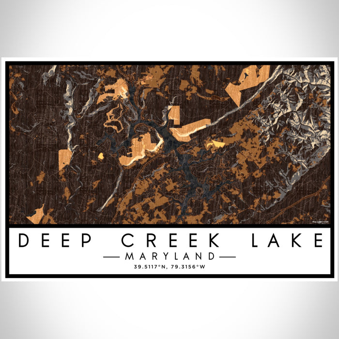 Deep Creek Lake Maryland Map Print Landscape Orientation in Ember Style With Shaded Background