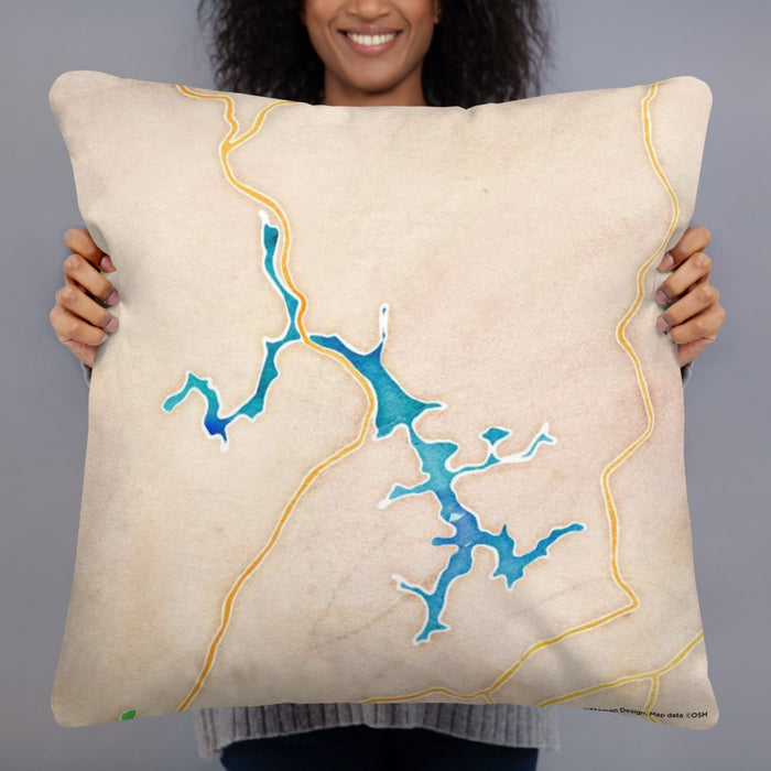 Person holding 22x22 Custom Deep Creek Lake Maryland Map Throw Pillow in Watercolor