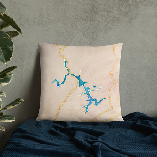 Custom Deep Creek Lake Maryland Map Throw Pillow in Watercolor on Bedding Against Wall