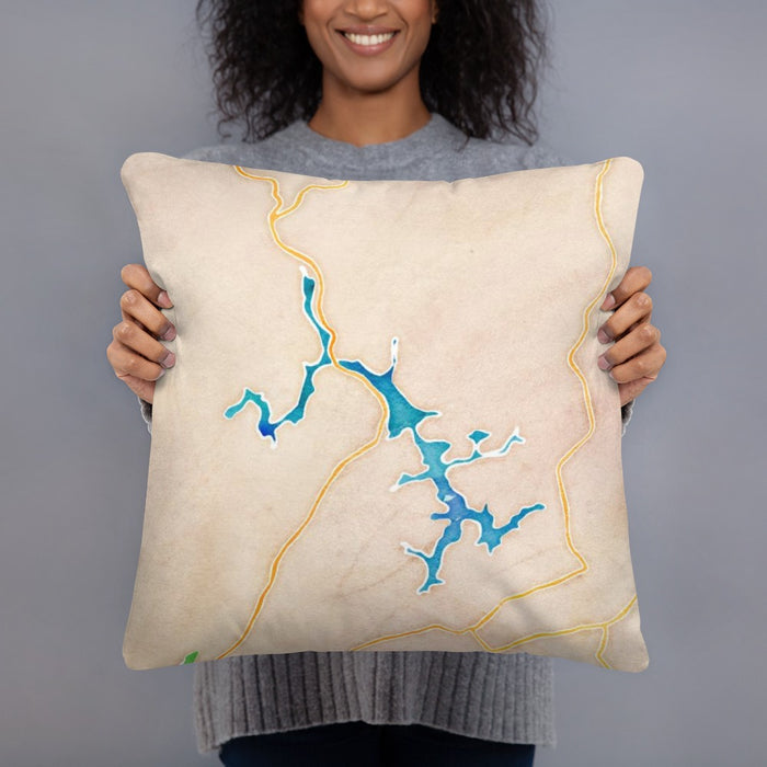 Person holding 18x18 Custom Deep Creek Lake Maryland Map Throw Pillow in Watercolor