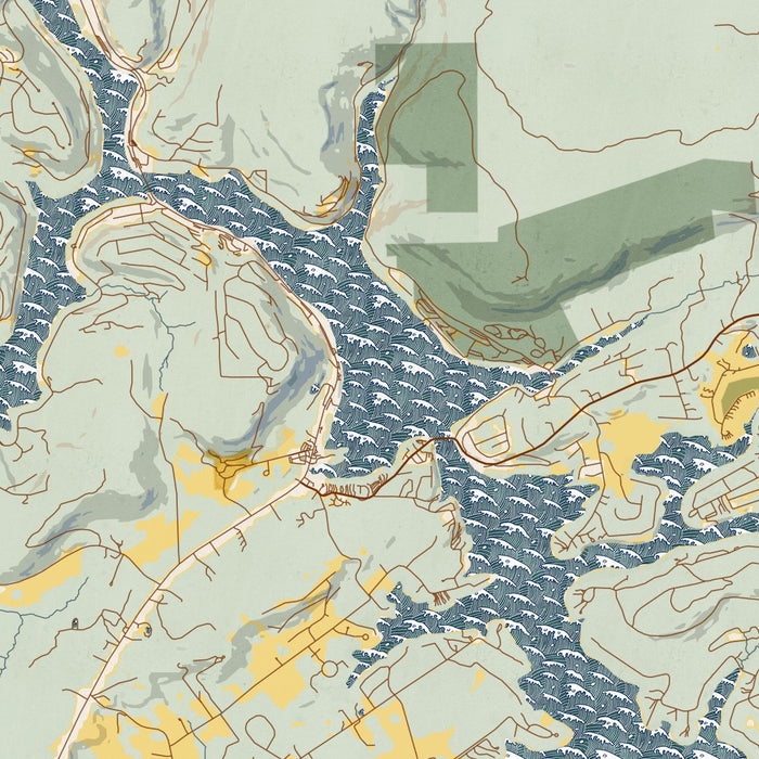 Deep Creek Lake Maryland Map Print in Woodblock Style Zoomed In Close Up Showing Details