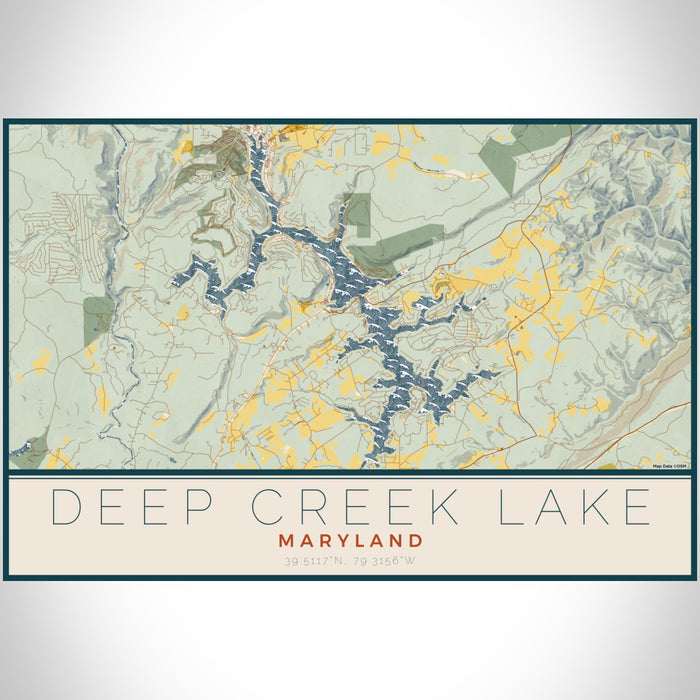 Deep Creek Lake Maryland Map Print Landscape Orientation in Woodblock Style With Shaded Background