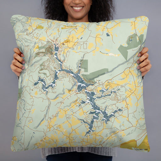 Person holding 22x22 Custom Deep Creek Lake Maryland Map Throw Pillow in Woodblock