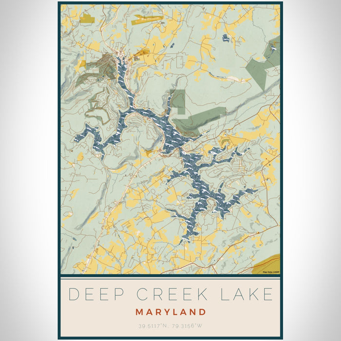 Deep Creek Lake Maryland Map Print Portrait Orientation in Woodblock Style With Shaded Background