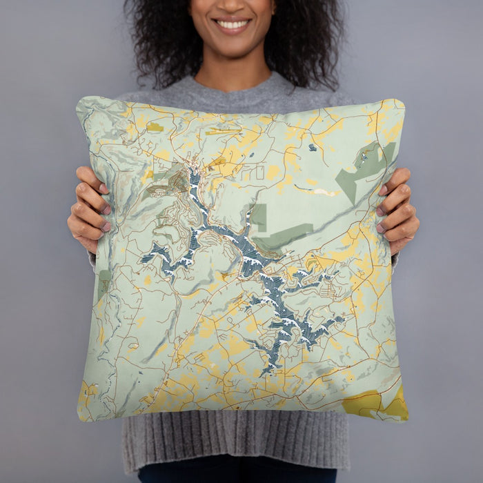 Person holding 18x18 Custom Deep Creek Lake Maryland Map Throw Pillow in Woodblock