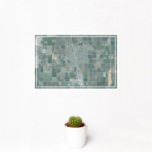 12x18 Delano California Map Print Landscape Orientation in Afternoon Style With Small Cactus Plant in White Planter
