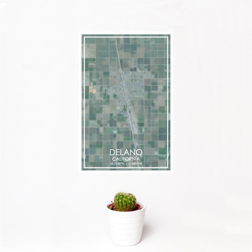 12x18 Delano California Map Print Portrait Orientation in Afternoon Style With Small Cactus Plant in White Planter