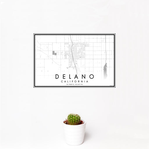 12x18 Delano California Map Print Landscape Orientation in Classic Style With Small Cactus Plant in White Planter