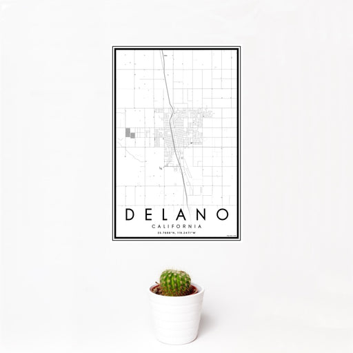 12x18 Delano California Map Print Portrait Orientation in Classic Style With Small Cactus Plant in White Planter