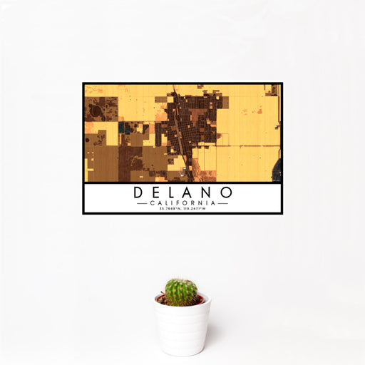 12x18 Delano California Map Print Landscape Orientation in Ember Style With Small Cactus Plant in White Planter