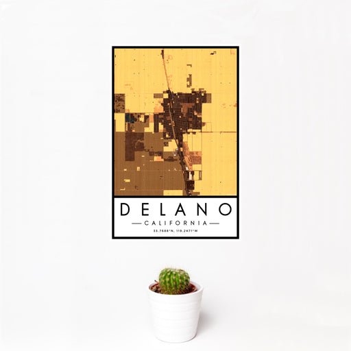12x18 Delano California Map Print Portrait Orientation in Ember Style With Small Cactus Plant in White Planter