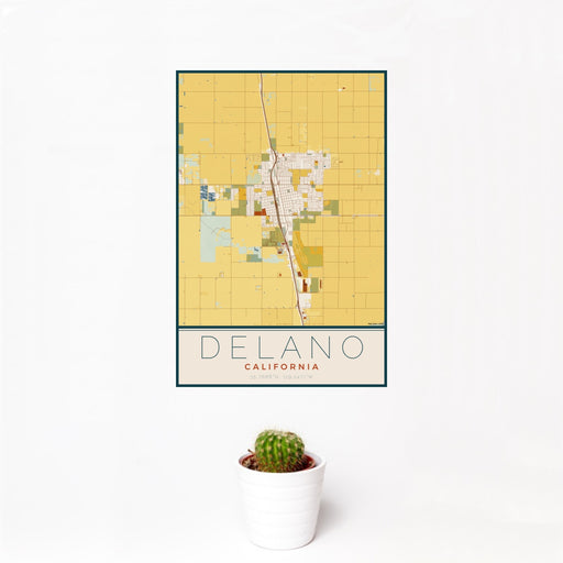 12x18 Delano California Map Print Portrait Orientation in Woodblock Style With Small Cactus Plant in White Planter