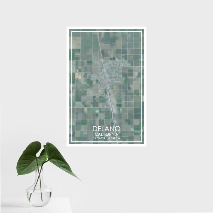 16x24 Delano California Map Print Portrait Orientation in Afternoon Style With Tropical Plant Leaves in Water