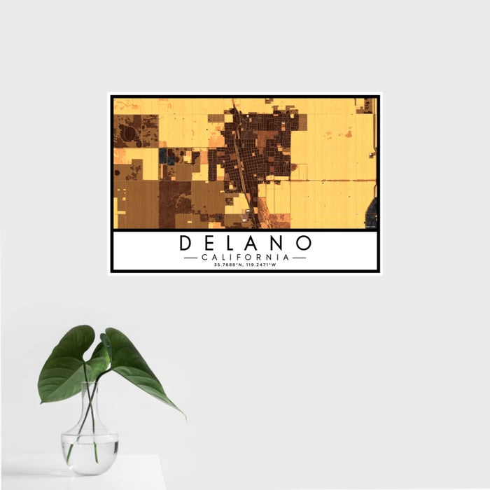 16x24 Delano California Map Print Landscape Orientation in Ember Style With Tropical Plant Leaves in Water