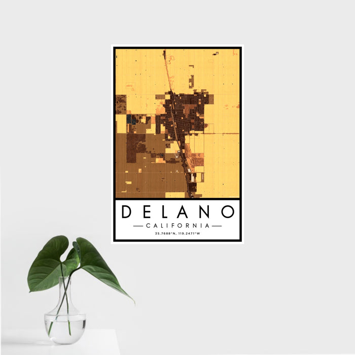 16x24 Delano California Map Print Portrait Orientation in Ember Style With Tropical Plant Leaves in Water